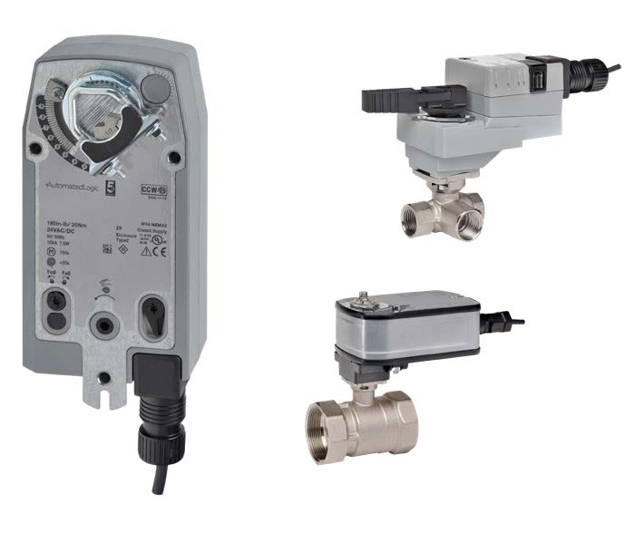 Automated Logic Smart Valves and Damper Actuators featuring motorized valve assemblies and rotary damper actuators for precise HVAC flow control, damper positioning, and OptiFlex building automation integration.