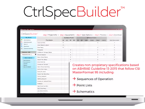 CtrlSpecBuilder online HVAC controls specification tool showing the specification development workflow, equipment selection, control sequences, points lists, system schematics, and downloadable project documentation.