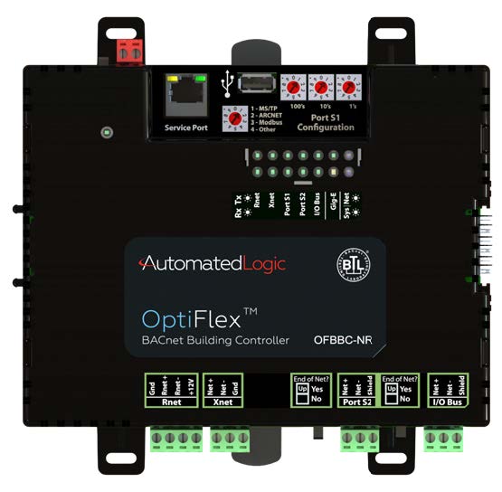 Automated Logic OptiFlex OFBBC-NR BACnet building controller with Ethernet and serial communication ports and green terminal connections.