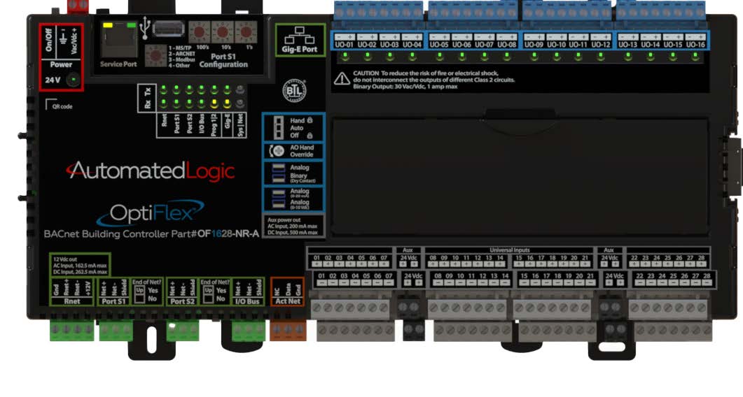 Automated Logic OptiFlex OF1628-A building automation controller and BACnet router with Ethernet ports, configurable I/O connections, and terminal blocks.