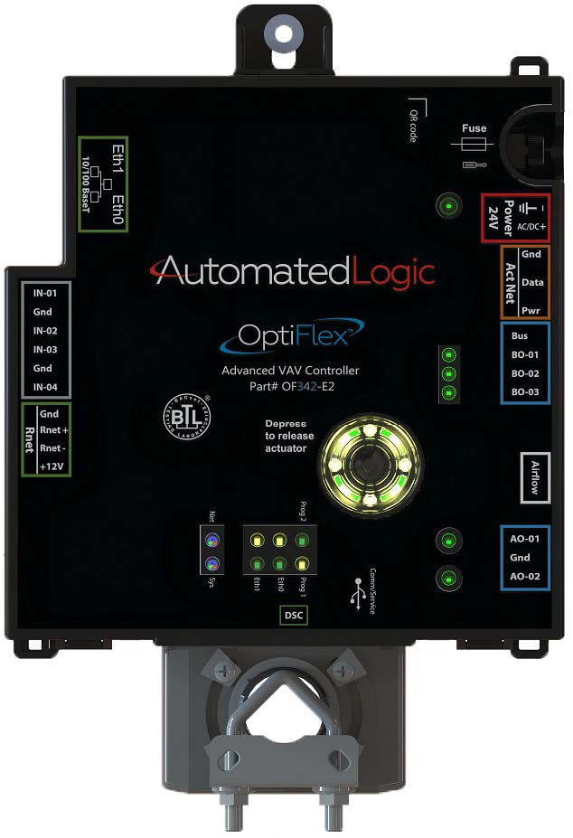 Automated Logic OptiFlex OF342-E2 advanced VAV controller with integral differential pressure sensor, damper actuator, and LED locator light.