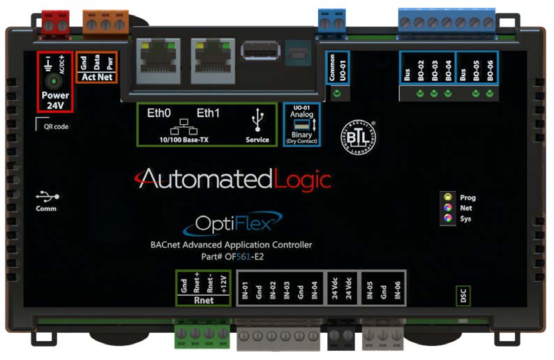 Automated Logic OptiFlex OF561-E2 advanced application controller with dual Ethernet ports, green terminal connectors, and configurable input and output connections.