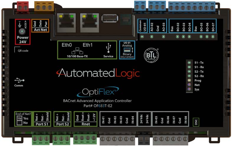 Automated Logic OptiFlex OF683T-E2 advanced equipment controller with Ethernet ports and terminal connections.