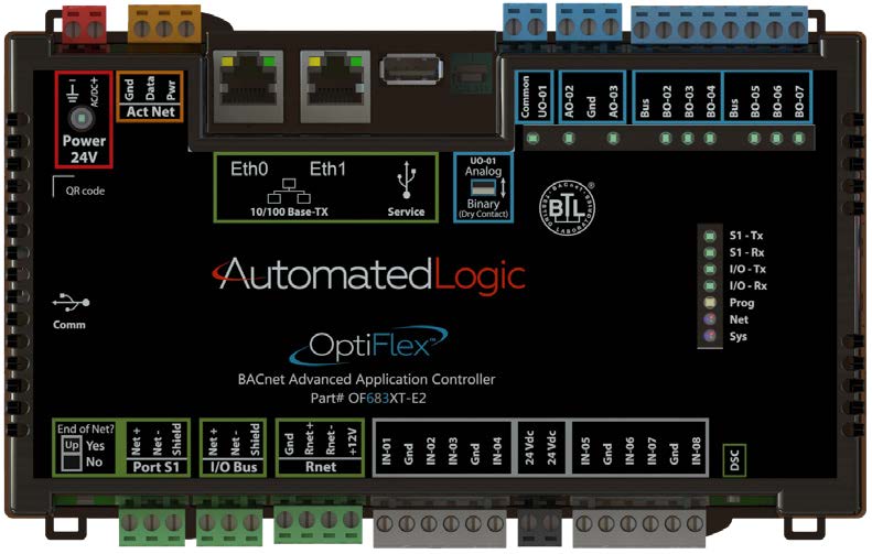 Automated Logic OptiFlex OF683XT-E2 advanced equipment controller with Ethernet ports and green terminal connectors.