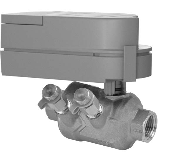 Automated Logic OptiPoint pressure-independent smart valve featuring a motorized rotary actuator and brass valve body for precise HVAC flow regulation and WebCTRL building automation integration.