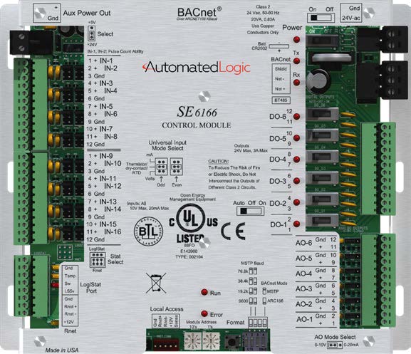 Automated Logic SE6166 and SE6166SP single equipment controllers with aluminum covers and green terminal connections.