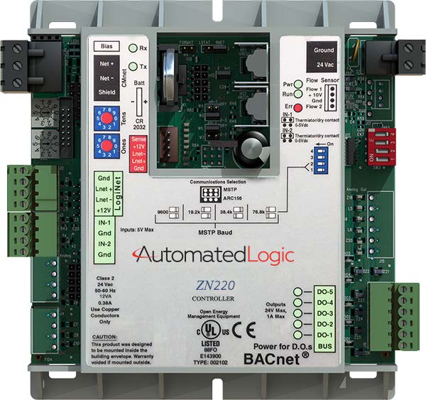 Automated Logic ZN220 BACnet zone controller with green terminal connectors and onboard input and digital output connections.