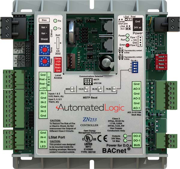 Automated Logic ZN253 BACnet zone controller with green terminal connectors and onboard input and output connections.